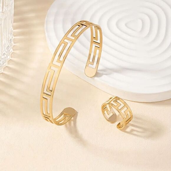 Gold Greek Cut-Out Bracelet and Ring Set - Picture 4 of 5